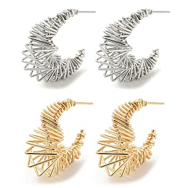 Brass Crescent Moon Stud Earrings, Wire Wrap Half Hoop Earrings