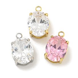 Vacuum Plating 304 Stainless Steel Pendants Cubic Zirconia Pendants, Oval Charms, Clear/Pink