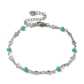 Brass Star Link Chain Bracelets, with Glass Beads