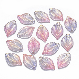 Two Tone Transparent Spray Painted Glass Pendants, with Glitter Powder, Leaf