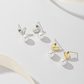 S925 Sterling Silver Imitation Pearl Heart Dangle Stud Earrings, with Green Cubic Zirconia