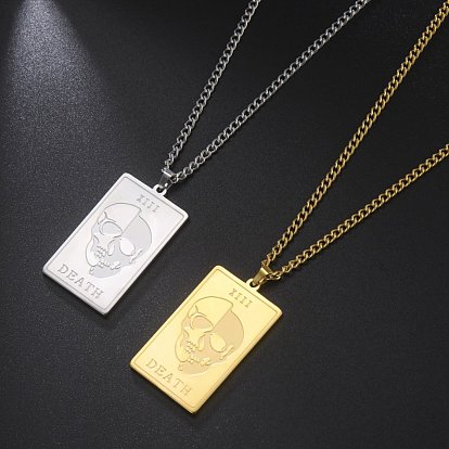 Stainless Steel Rectangle Pendant Necklaces, Skull with Word Death Halloween Jewelry for Men Women