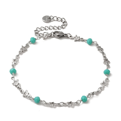 Brass Star Link Chain Bracelets, with Glass Beads