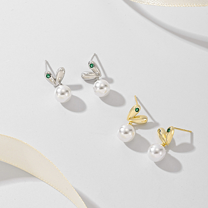 S925 Sterling Silver Imitation Pearl Heart Dangle Stud Earrings, with Green Cubic Zirconia