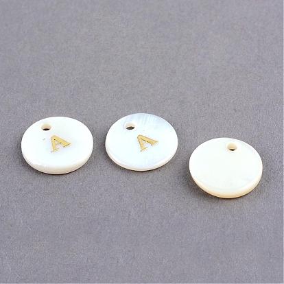 Freshwater Shell Pendants, Flat Round with Gold Blocking Letter