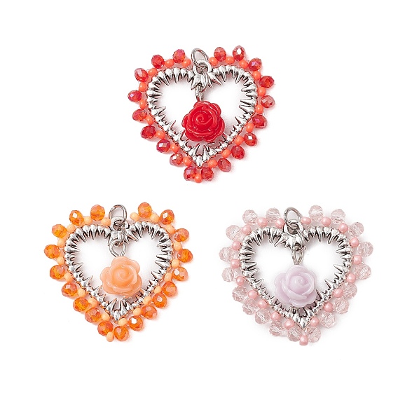 3 шт 3 цвета стеклянные подвески, Сердце с розой, с фурнитурой из сплава, смоляными и стеклянными бусинами