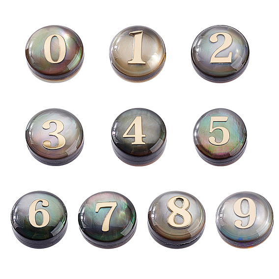 10 шт. 10 стили натуральные черные плоские круглые бусины-ракушки для губ, с золотыми ломтиками эпоксидной смолы, число 0~9