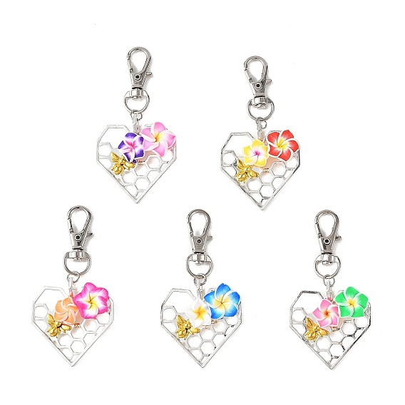 Handmade Polymer Clay 3D Flower & Alloy Heart Honeycomb Pendant Decorations, with Alloy Swivel Clasps