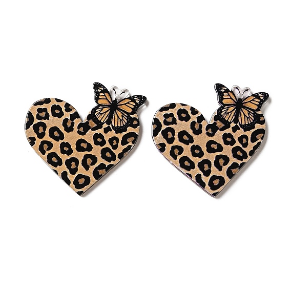 Printed Acrylic Pendants, Leopard Print, Heart with Butterfly Charms