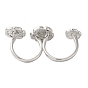 Brass Double Finger Rings, Open Cuff Rings, Cubic Zirconia Peony Flower Ring for Women