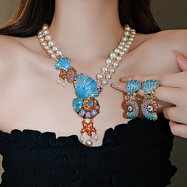 Комплекты серег и ожерелий из сплава со стразами и искусственным жемчугом, форма раковины и ракушки