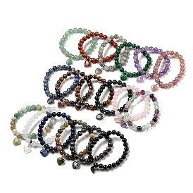 8.5mm Round Gemstone Beaded Stretch Bracelets, Heart Charm Bracelets with Brass Bails for Women