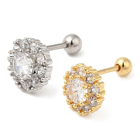 Brass Micro Pave Clear Cubic Zirconia Stud Earrings, with 316 Stainless Steel Pin and Ear Nut, Flat Round