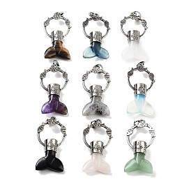 Gemstone Whale Tail Big Pendants, Rack Plating Antique Silver Plated Alloy Fish Ring Charms, Cadmium Free & Lead Free