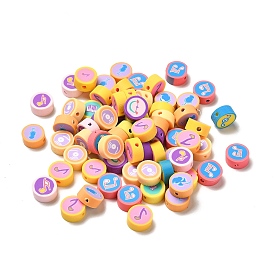 Handmade Polymer Clay Beads, Flat Round with Musical Note Pattern