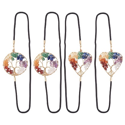 4 signets élastiques de style pcs 2, Marque-page en perles de pierres précieuses naturelles de l'arbre de vie, coeur et rond, avec des pochettes en velours rectangle 1 pc