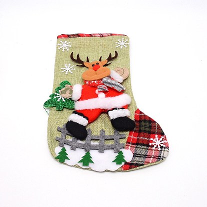 Tela de reno colgando calcetín de navidad, con patrón de cuadros, bolsa de regalo de dulces, para la decoración del árbol de navidad