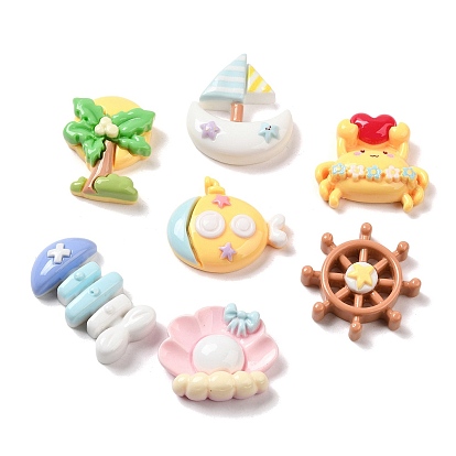 Marine Theme Opaque Resin Cabochons, Helm & Coconut Tree & Crab, Mixed Shapes