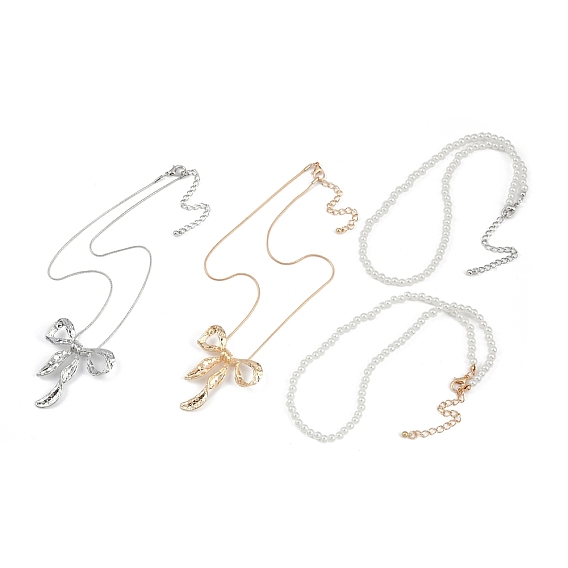 Модные комплекты ожерелий, ожерелье с подвеской в виде банта из сплава и ожерелья из пластиковых жемчужных бусин для женщин