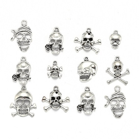 Tibetan Style Pendants, Skull, Mixed Style, 25~62x15~50x1.5~5.5mm, Hole: 1~4.5mm