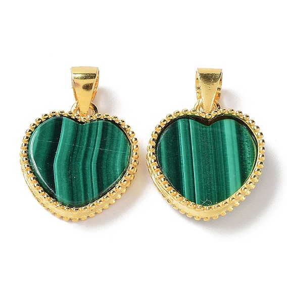 Natural Malachite Pendants, Heart Charms, with Golden Plated 925 Sterling Snap on Bails