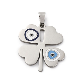 Anti-Tarnish 201 Stainless Steel Pendants, with Enamel, Clover with Evil Eye Charm