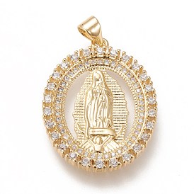 Brass Pendants, with Clear Cubic Zirconia, Oval with Holy Virgin