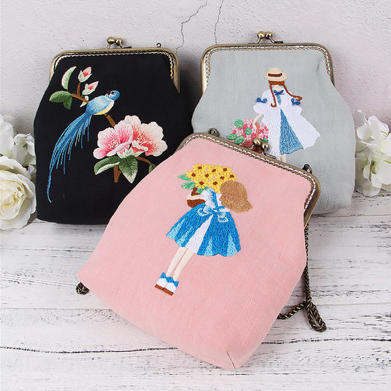 Hand embroidery DIY mouth gold bag material bag girl coin purse bag Su embroidery beginner cloth art