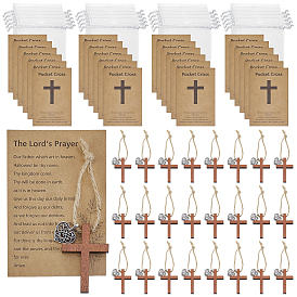 Cruz de madera con adornos colgantes de cordón de yute, Con tarjetas de presentación de papel y bolsas de organza.