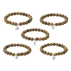 Natural Wood Round Beaded Stretch Bracelet with 304 Stainless Steel Charms