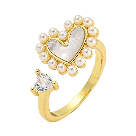 Heart Rack Plating Brass Micro Pave Clear Cubic Zirconia Cuff Rings, ABS Plastic Pearl & Natural Shell Rings for Women, Cadmium Free & Lead Free, Long-Lasting Plated