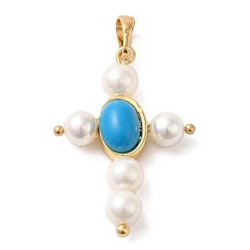 Rack Plating Brass & Acrylic Pearl & Synthetic Turquoise Pendants, Long-Lasting Plated, Cadmium Free & Lead Free, Cross Charms