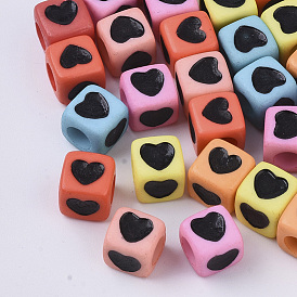 Opaque Acrylic Beads, Cube with Black Heart