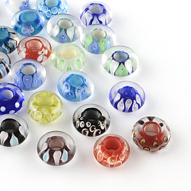 Handmade Inner Flower Lampwork Beads, Large Hole Rondelle Beads, 14~15x6~7mm, Hole: 6mm