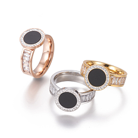 304 Stainless Steel Resin Finger Rings, with Polymer Clay Rhinestone and Cubic Zirconia, Flat Round