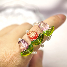 Handgefertigte Glasperlen-Fingerringe, Stretchringe für Frauen, Tulpe