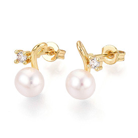 Серьги-гвоздики из латунного микро-паве, с натуральной жемчужиной, круглые