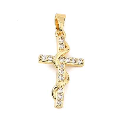 Brass Micro Pave Clear Cubic Zirconia Pendants, Cross Charms