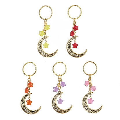 Tibetan Style Alloy Hollow Moon Pendant Keychain, with Acrylic Star Charm and Iron Split Key Rings