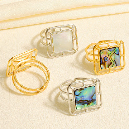 304 Открытые кольца-манжеты из нержавеющей стали с натуральными ракушками для женщин, квадратный