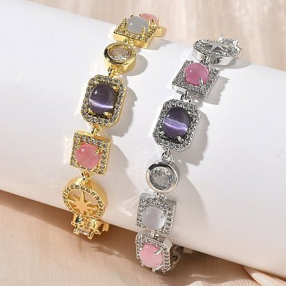 Браслеты-цепочки из латуни с микропаве из кубических цирконий и кошачьего глаза прямоугольной, квадратной и овальной формы для женщин, стойки покрытие, долговечный, без кадмия и без свинца