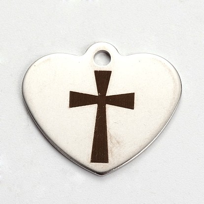 201 Stainless Steel Heart Pendants, with Cross Pattern, Cadmium Free & Nickel Free & Lead Free, 21x24x1mm, Hole: 2mm