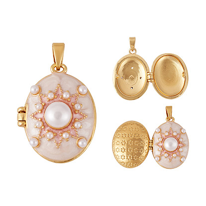 1 латунные эмалированные подвески-медальоны, с пластиковыми бусинами, имитирующими жемчуг, овальные, золотые