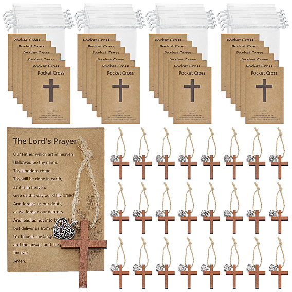 Croix en bois avec pendentifs en corde de jute, avec des cartes de présentation en papier et des sachets en organza