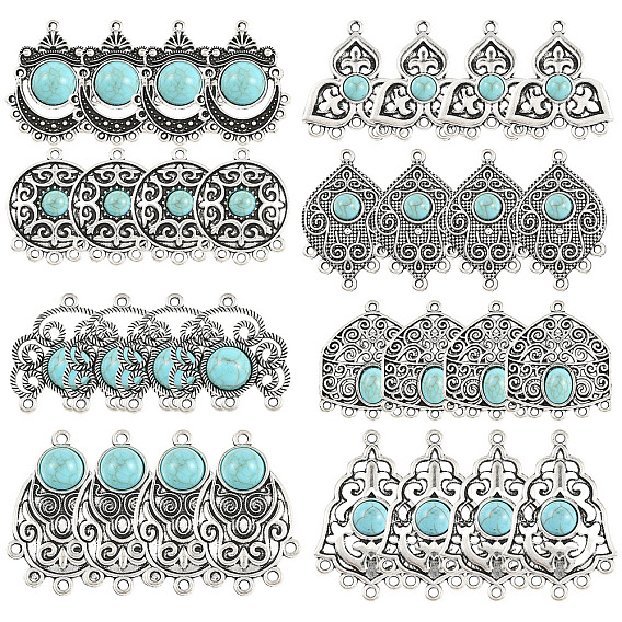 32Pcs 8 Styles Alloy with Synthetic Turquoise Chandelier Component Links, Flower Flat Round Arch Shape