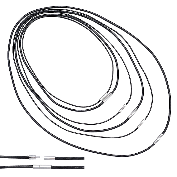 6Pcs 6 Styles Round Waxed Polyester Cord Necklace Makings, with Brass Bayonet Clasps, Platinum