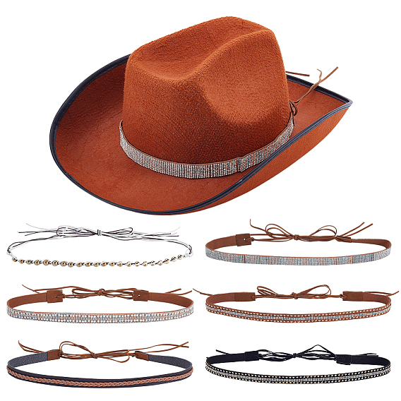 6шт. 6 варианты, регулируемые ленты для шляп из бархата и искусственной кожи, со стразами и пластиковой имитацией жемчуга, для ковбойской шляпы, шляпа-федора с загнутыми полями, украшение соломенной шляпы