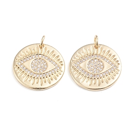 Brass Micro Pave Cubic Zirconia Pendants, with Jump Rings, Long-Lasting Plated, Flat Round with Eye, Clear