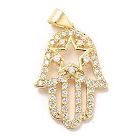 Placage de crémaillère en laiton micro pavé pendentifs en zircone cubique claire, sans cadmium et sans plomb, plaqué longue durée, main hamsa/main de miriam avec étoile