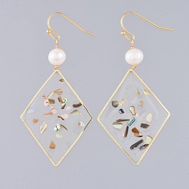 Dangle Earrings, with Epoxy Resin, Shell, Natural Pearl, Alloy Findings and Brass Earring Hooks, Rhombus